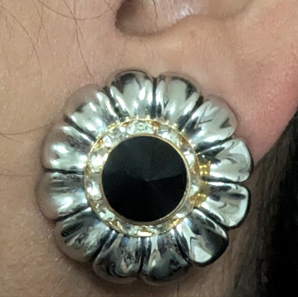 Vintage John Candice Clip On Statement Earrings Silver Tone Floral Daisy Crystal